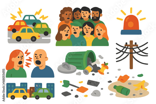 Chaotic City Grid. Flat vector mini-illustrations chaotic city in colors children's illustrations: traffic jam, honking cars,