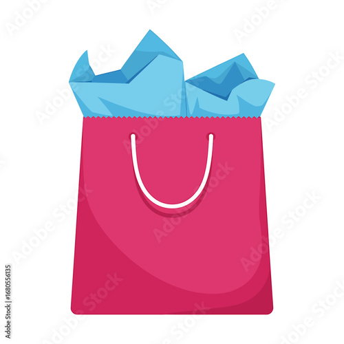 Vibrant pink shopping gift bag with handles and blue crumpled tissue paper. Vector illustration for presents and celebrations.
