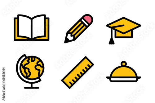 Collection of Education and Learning Icons Open Book, Pencil, Graduation Cap, Globe, Ruler, and Serving Dish