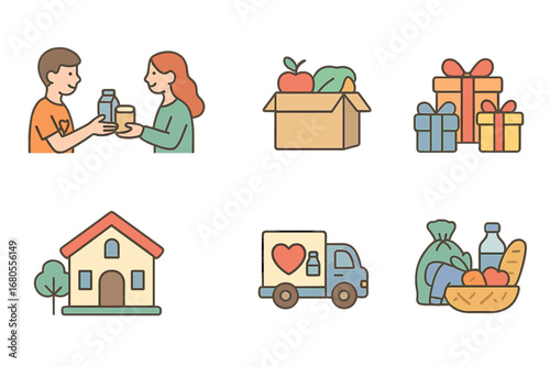 Charity Aid Icons. Flat vector mini-illustrations charity distribution in colors children's illustrations: volunteer handing food,