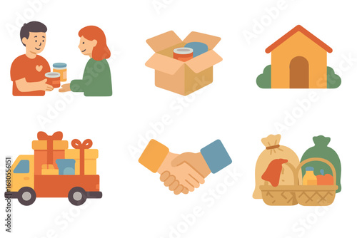 Charity Aid Icons. Flat vector mini-illustrations charity distribution in colors children's illustrations: volunteer handing food,