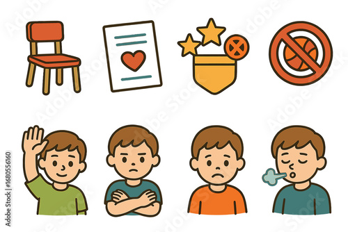 Child Behavior Icons. Flat vector mini-illustrations punishment and behavior correction in colors children's illustrations: