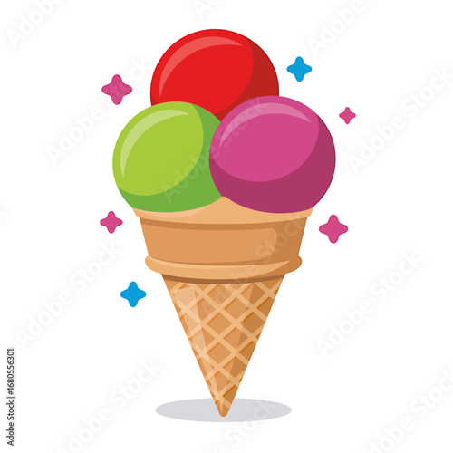 Colorful three-scoop ice cream cone with magical sparkles. A sweet summer dessert treat shown as a vector illustration isolated on a white background.