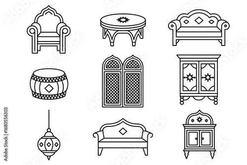 A collection of Arabic furniture and interior decor line icons. Vector illustration set of traditional Middle Eastern home furnishings.