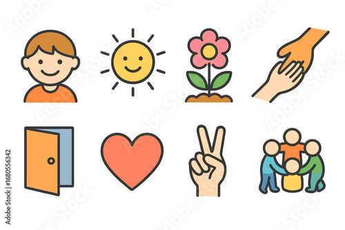 Childhood Joy and Unity. Flat vector mini-illustrations bullying and emotions recovery in colors children's illustrations: smiling