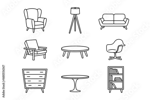 Collection of Modern Interior Furniture Outline Vector Icons Set for Home and Office Decor Design Projects; Minimalist Line Art Elements for Lifestyle and Comfort