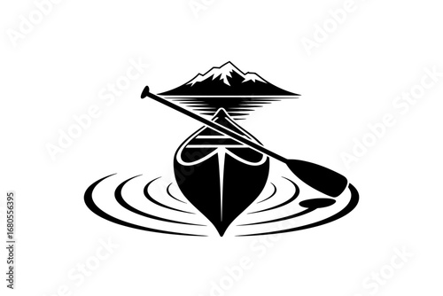 Canoe and Mountain Lake Minimalist Illustration for Outdoor Adventures and Travel