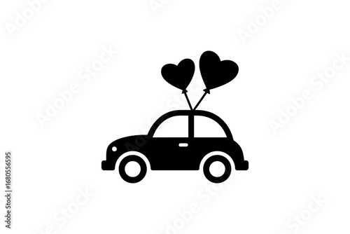 Silhouette of a just married couple's car with heart balloons, symbolizing a romantic journey and honeymoon adventure for companions.