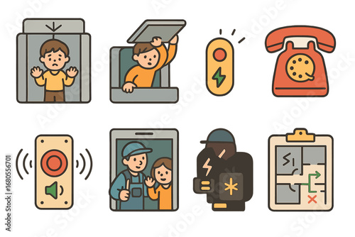 Children's Emergency Icons. Flat vector mini-illustrations elevator emergencies in colors children's illustrations: stuck elevator