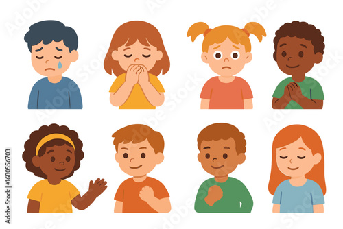 Children's Emotion Icons. Flat vector mini-illustrations punishment emotions in colors children's illustrations: sadness, guilt,