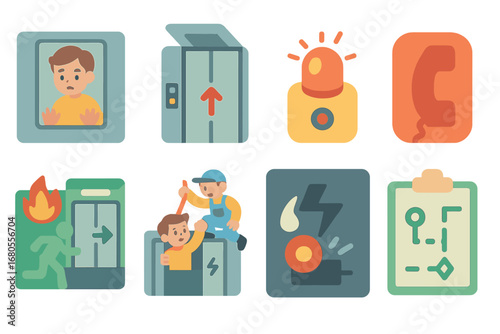 Children's Emergency Icons. Flat vector mini-illustrations elevator emergencies in colors children's illustrations: stuck elevator