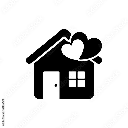 Black Silhouette of a House with Two Hearts on the Roof Symbolizing Love and Home