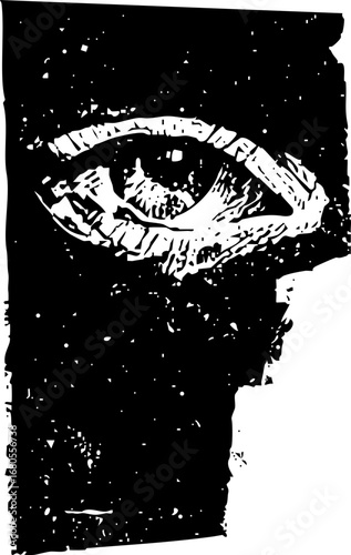 Vector illustration of a woman's grunge silhouette face with black ink texture, splash, and frame design