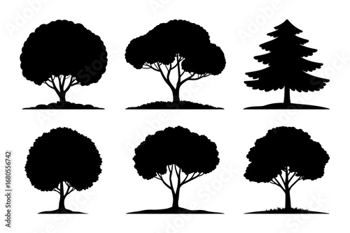 Silhouette Tree Collection Diverse Tree Types in Vector Format for Graphic Design Projects, Nature Illustrations