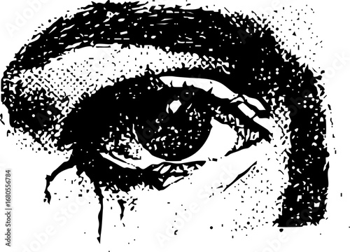 Black and white vector illustration of a woman's face with grunge ink splatters, drops, and halftone texture