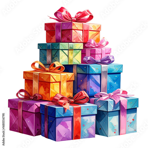 There is a stack of colorful gift boxes adorned with ribbons. The gifts are stacked on top of each other and come in various colors and sizes isolated on white and transparent background.