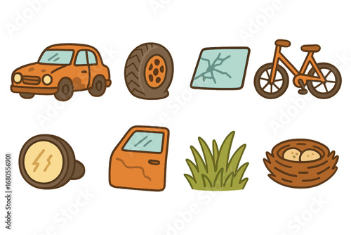 Abandoned Vehicle Icons. Flat vector mini-illustrations abandoned vehicles in colors children's illustrations: rusty car, flat