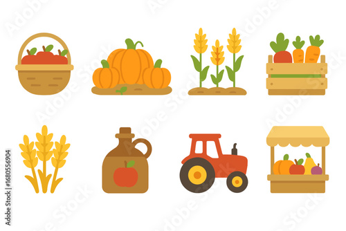 Children's Fall Harvest Icons. Flat vector mini-illustrations fall harvest in colors children's illustrations: apple basket,
