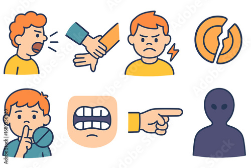 Abuse and Escape Icons. Flat vector mini-illustrations abuse types in colors children's illustrations: verbal yelling, pushing