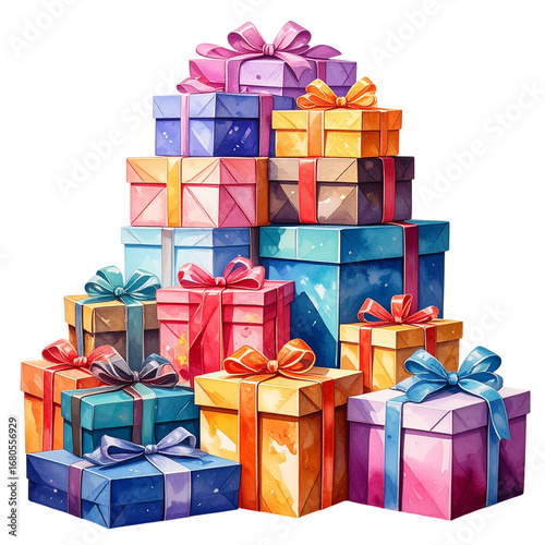 There is a stack of colorful gift boxes adorned with ribbons. The gifts are stacked on top of each other and come in various colors and sizes isolated on white and transparent background.