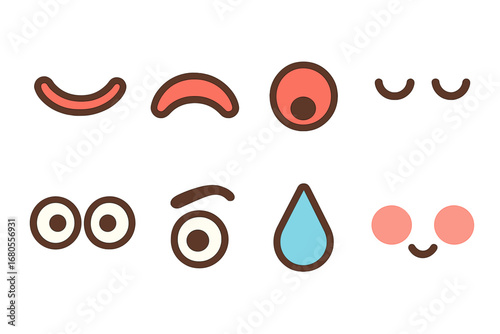 Children's Facial Icons. Flat vector mini-illustrations comic facial features in colors children's illustrations: smile mouth,