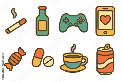 Addiction Icons Grid. Flat vector mini-illustrations addiction types in colors children's illustrations: cigarettes, alcohol