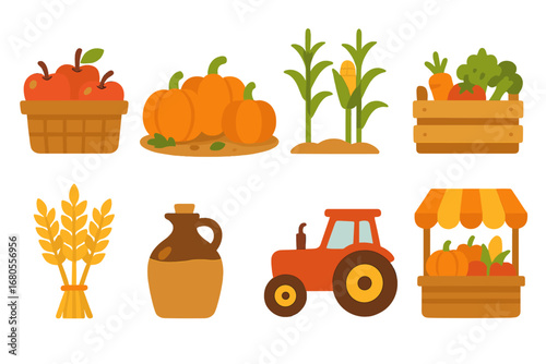 Children's Fall Harvest Icons. Flat vector mini-illustrations fall harvest in colors children's illustrations: apple basket,