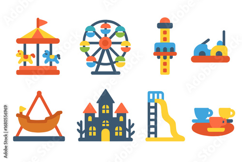 Amusement Park Icons. Flat vector mini-illustrations thrill rides in colors children's illustrations: carousel, Ferris wheel, drop