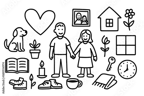 Alternative Family Doodles. Hand-drawn doodle illustration alternative family two people holding hands, pet dog, heart, plant,