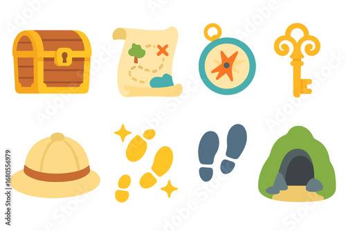 Adventure Icons Grid. Flat vector mini-illustrations portal and adventure in colors children's illustrations: treasure chest, map
