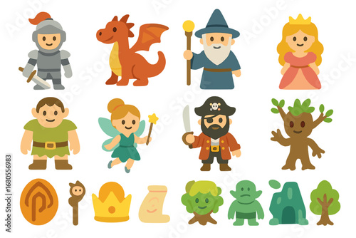 Children's Fantasy Icons. Flat vector mini-illustrations legend characters in colors children's illustrations: knight in armor,