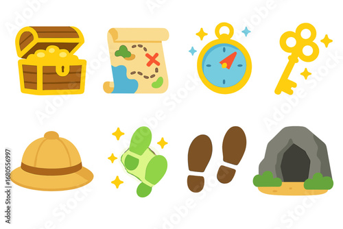 Adventure Icons Grid. Flat vector mini-illustrations portal and adventure in colors children's illustrations: treasure chest, map