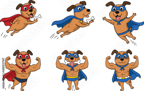Superhero Dog Cartoon Mascot Characters Flying with Capes, Muscular Funny Puppy Vector Illustration for Kids, Comics, Stickers, Animation Art