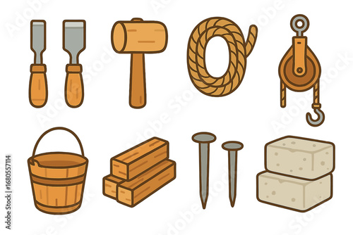 Ancient Tools Icons. Flat vector mini-illustrations ancient tools and materials in colors children's illustrations: chisels,