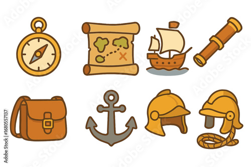Ancient Explorer Icons. Flat vector mini-illustrations ancient explorers in colors children's illustrations: compass, map scroll,
