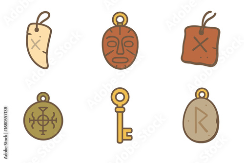 Ancient Talisman Icons. Flat vector mini-illustrations ancient talismans in colors children's illustrations: carved bone charm,
