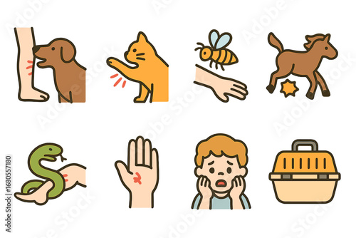 Animal Accident Icons. Flat vector mini-illustrations animal-related accidents in colors children's illustrations: dog bite, cat
