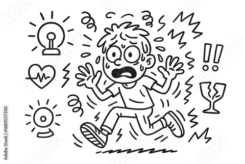 Anxious Rush Vibes. Hand-drawn doodle illustration anxious rush running feet, sweating face, wide eyes, trembling hands, alarm