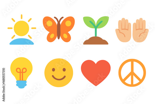 Children's Hope Icons. Flat vector mini-illustrations curse and hope in colors children's illustrations: rising sun, butterfly,