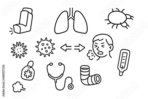 Asthma Doodle Icons. Hand-drawn doodle illustration asthma inhaler, lungs, allergen, dust mite, pollen, asthma attack icon,