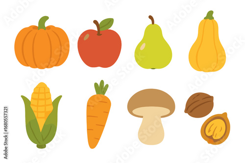 Autumn Harvest Icons. Flat vector mini-illustrations fall fruits and veggies in colors children's illustrations: pumpkin, apple,