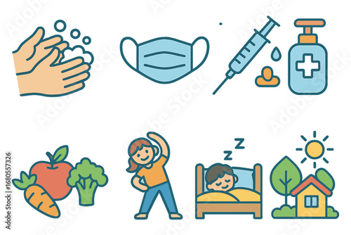 Children's Health Icons. Flat vector mini-illustrations illness prevention in colors children's illustrations: hand washing, face