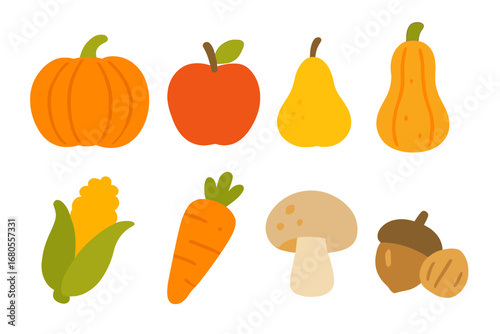 Autumn Harvest Icons. Flat vector mini-illustrations fall fruits and veggies in colors children's illustrations: pumpkin, apple,