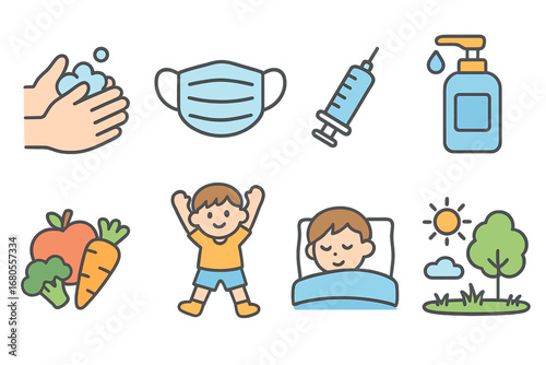 Children's Health Icons. Flat vector mini-illustrations illness prevention in colors children's illustrations: hand washing, face