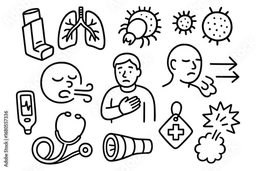 Asthma Doodle Icons. Hand-drawn doodle illustration asthma inhaler, lungs, allergen, dust mite, pollen, asthma attack icon,