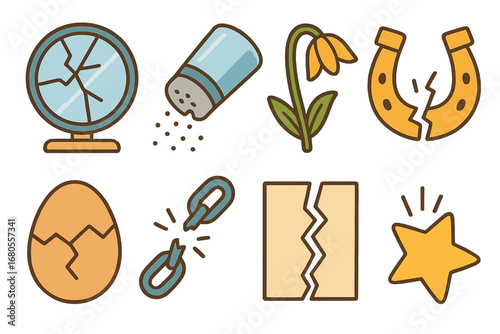 Bad Luck Symbols. Flat vector mini-illustrations curse and broken luck in colors children's illustrations: shattered mirror,