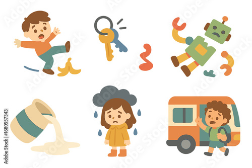 Bad Luck Icons. Flat vector mini-illustrations bad luck scenarios in colors children's illustrations: slipping on banana peel,