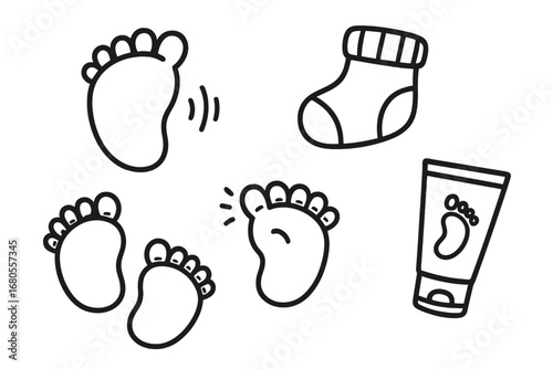 Baby Foot Doodle. Hand-drawn doodle illustration baby toes baby foot, tiny toes, soft skin icon, gentle care symbol, baby sock,