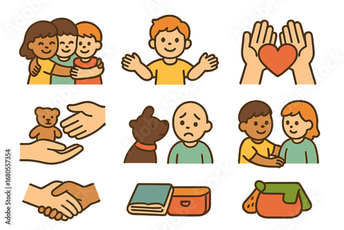 Children's Icon Illustrations. Flat vector mini-illustrations abuse and friendship in colors children's illustrations: group hug,