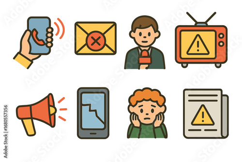 Bad News Icons. Flat vector mini-illustrations bad news delivery in colors children's illustrations: phone call, letter envelope,
